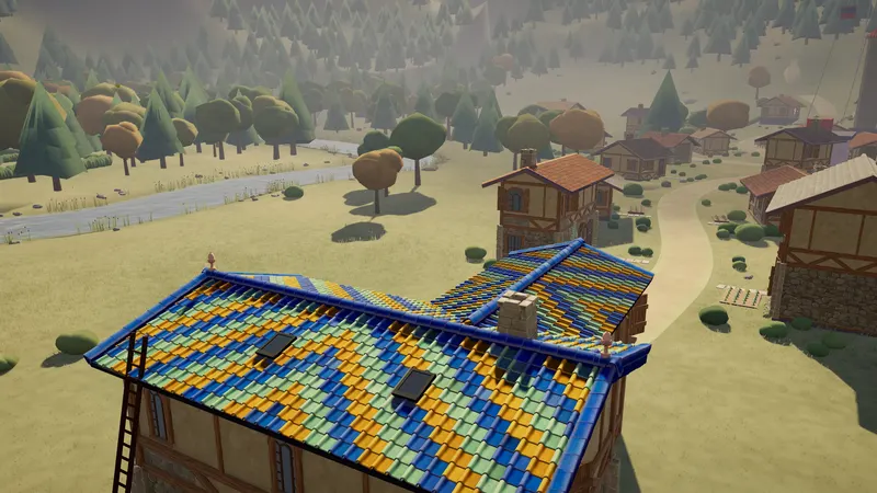 A chevron pattern roof in a mountain valley