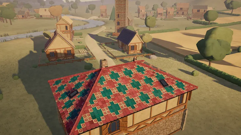 A harlequin pattern roof in the village
